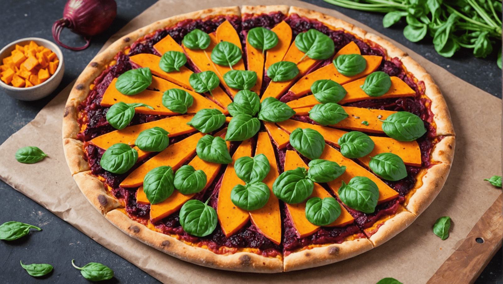 découvrez une délicieuse pizza végétarienne arc-en-ciel préparée avec de la betterave et de la patate douce. une explosion de saveurs et de couleurs dans une seule et même pizza !