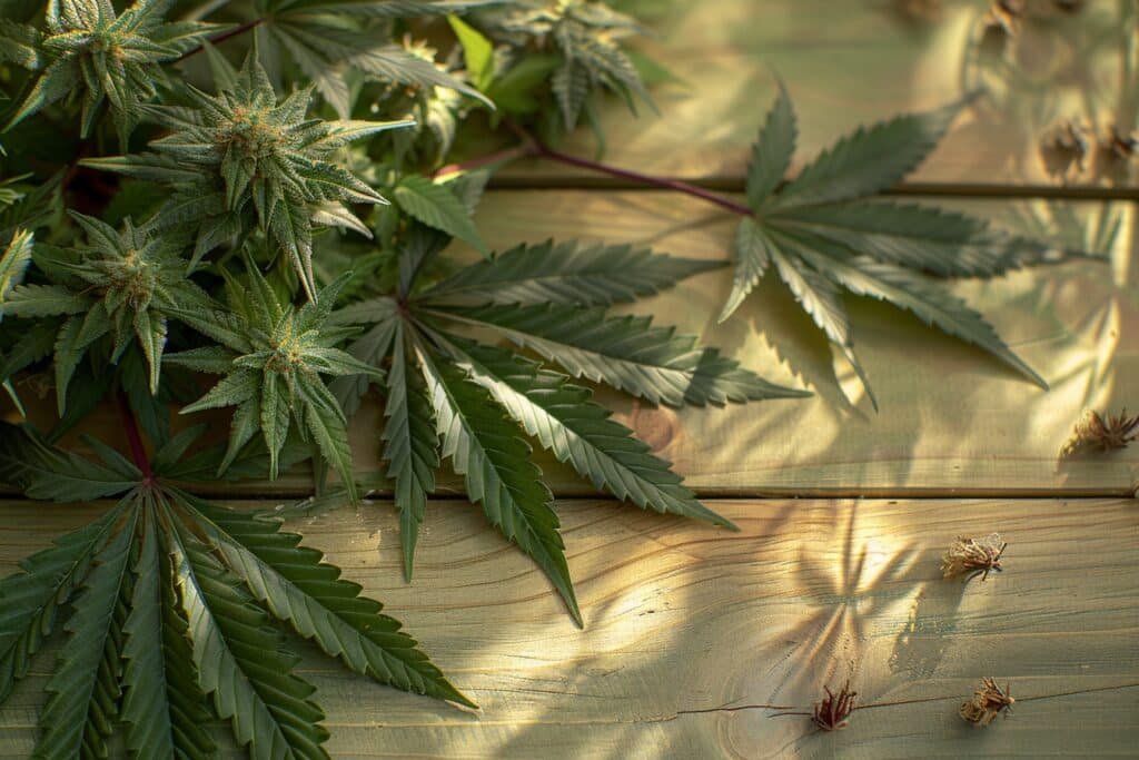 Cannabis, feuilles fraîches et inflorescences séchées