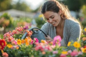 Elizabeth Kulas arrose son jardin de fleurs avec amour