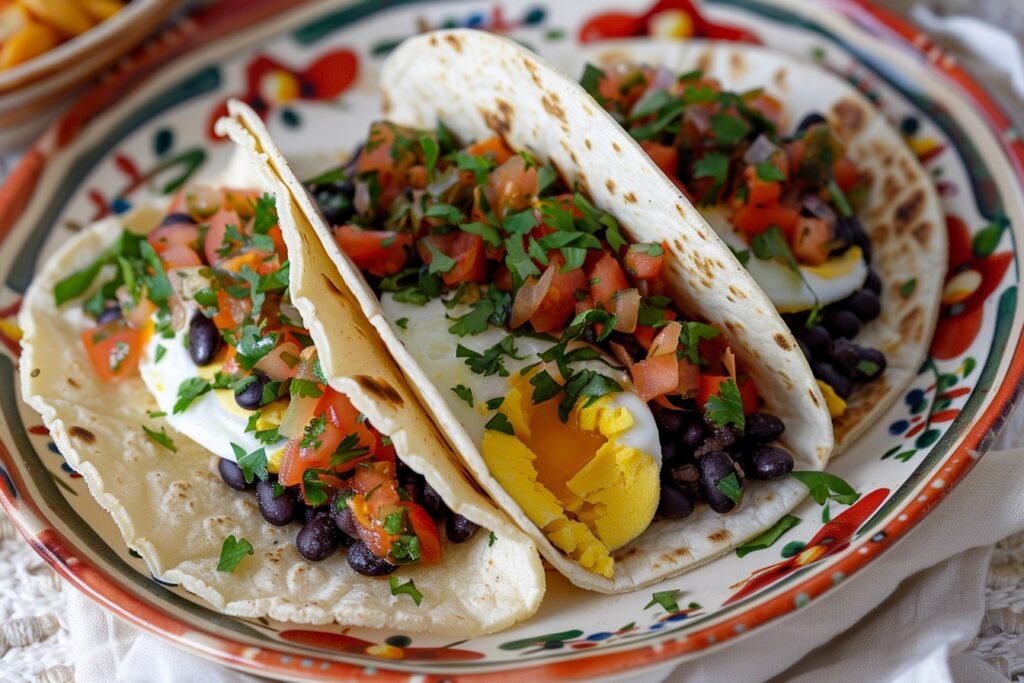 Tacos de petit-déjeuner avec haricots noirs et œufs