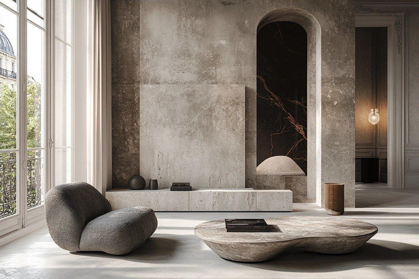 Un appartement parisien de 50 m2 mêlant béton brut et marbre dans un style Art déco modernisé